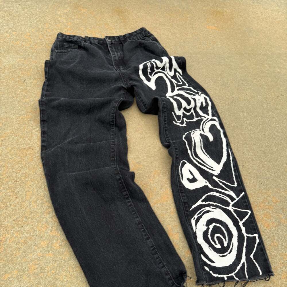 Vintage Hand-Painted Black Jeans with Abstract Graphic Print
